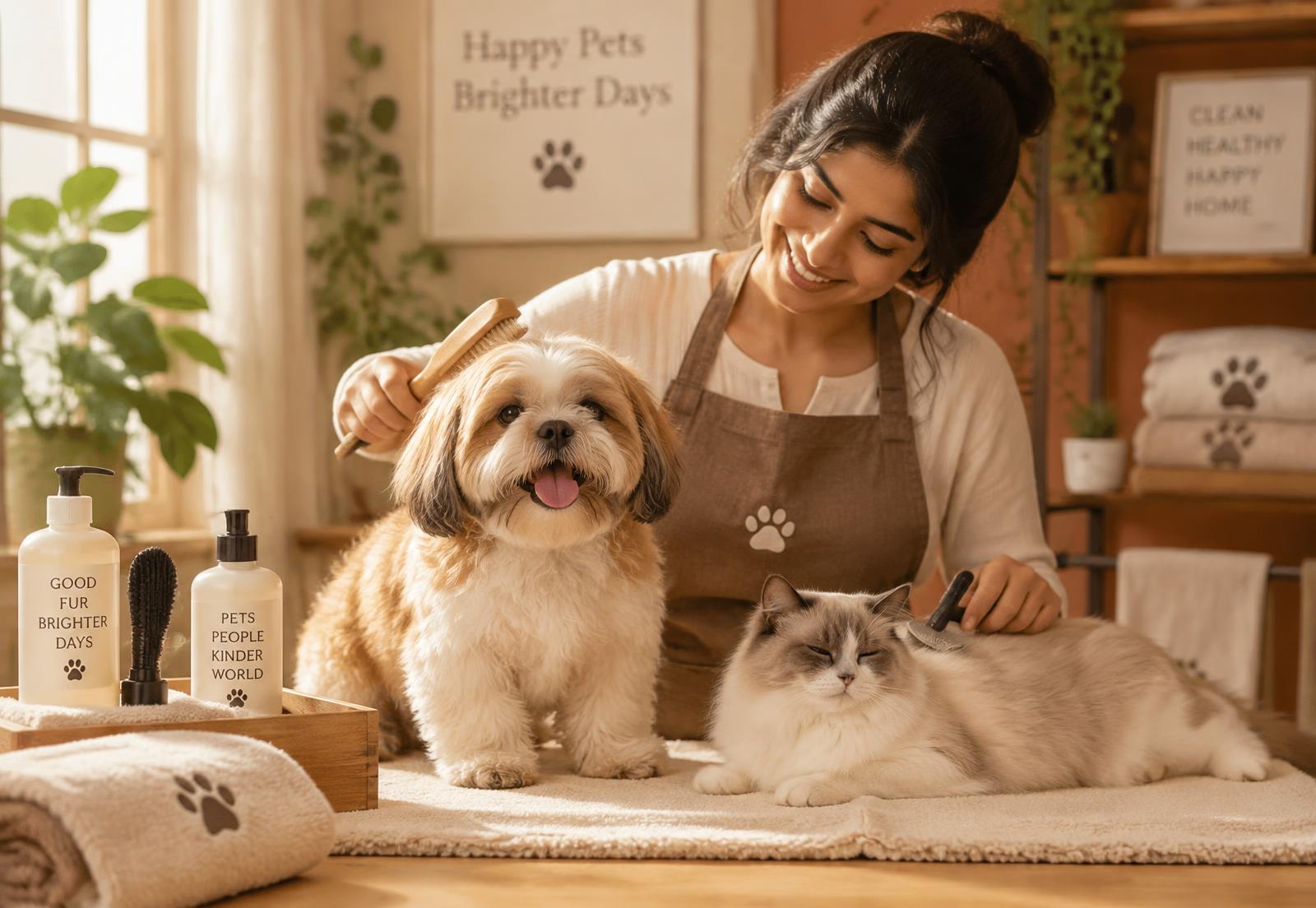 Asha grooming a fluffy dog and a calm cat in her warm home studio